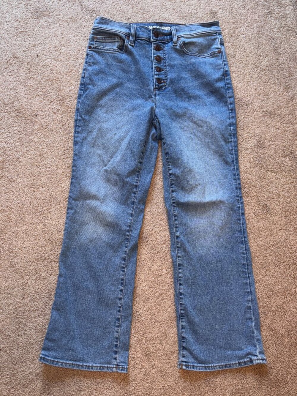 Lands' End High Rise Button Front Kick Flare Cropped Stretch Jeans 8